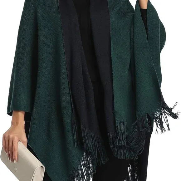 Women's Color Block Shawl Wrap Plus Size Cardigan Poncho Cape Open Front Long Wi - Picture 3 of 7